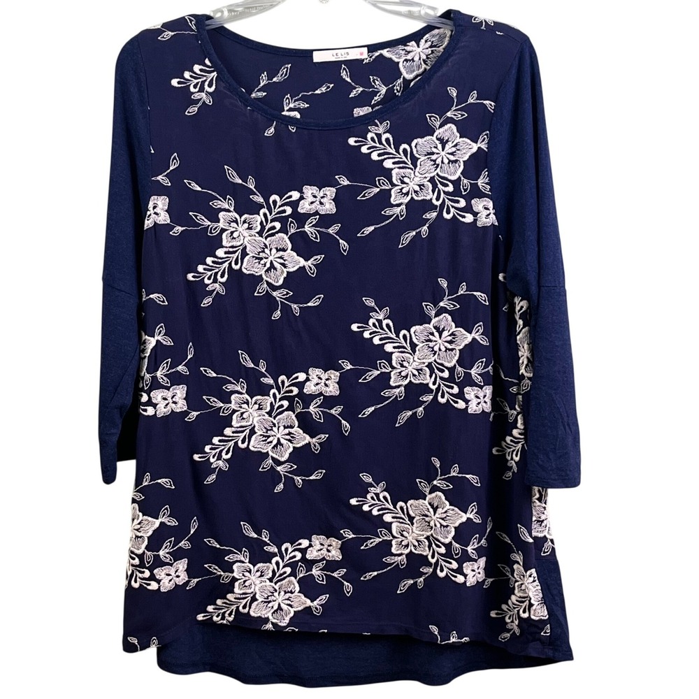 Le Lis Anthropology Blue Embroidered Floral 3/4 Sleeve Tunic Medium USA